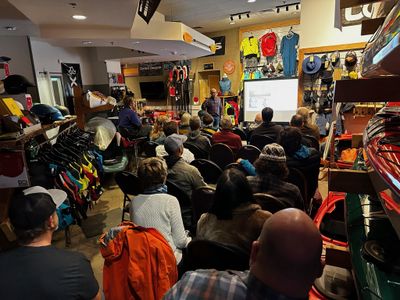 David Johnston giving a presentation at Best Coast Outfitters in Victoria, BC.
